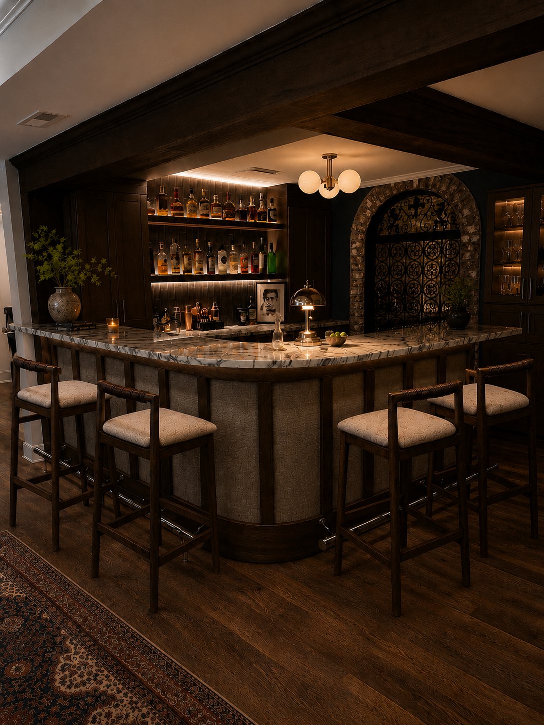 Bar detail with brass lamp and glassware