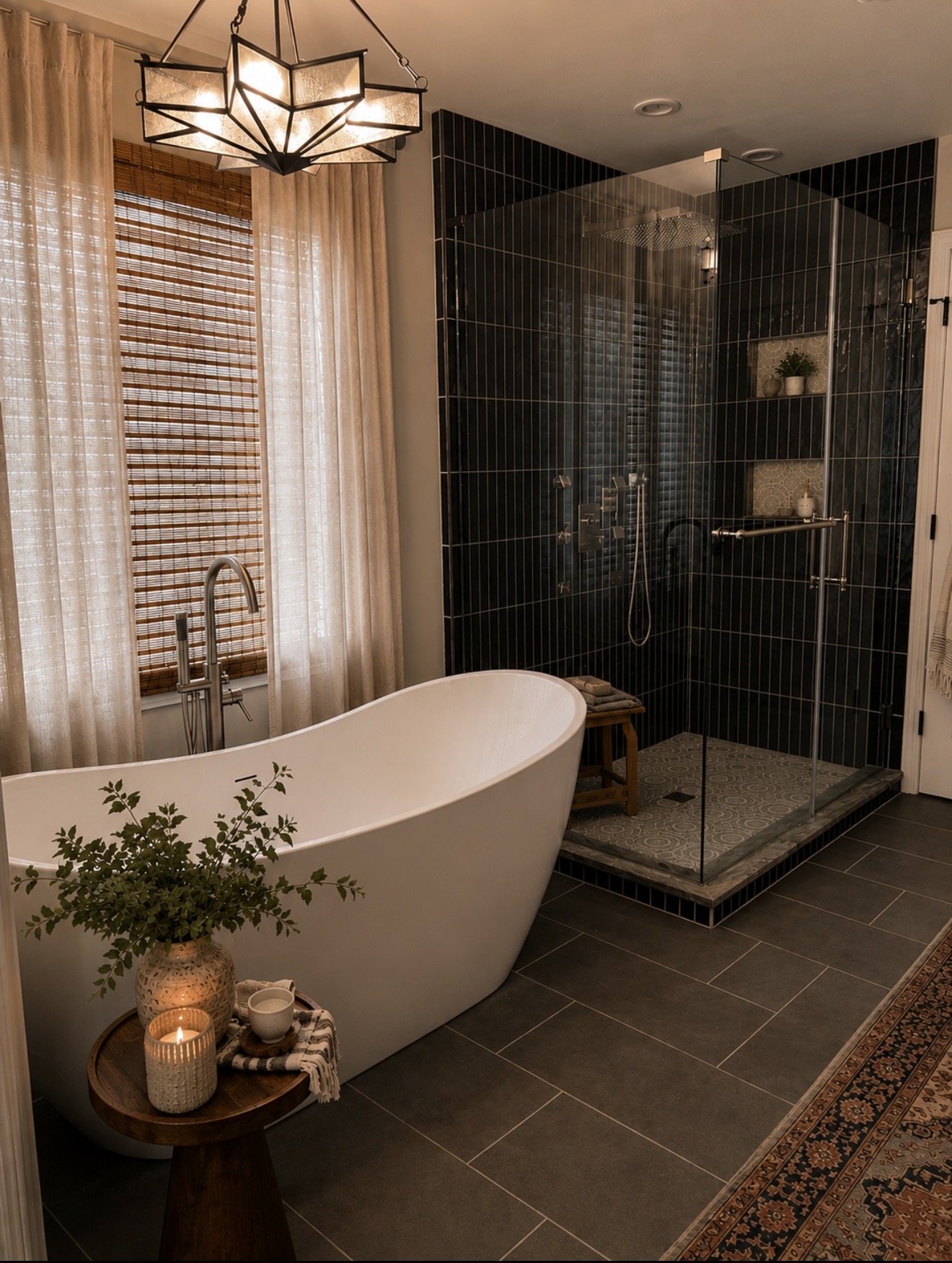 Tub with slate floor and glass shower