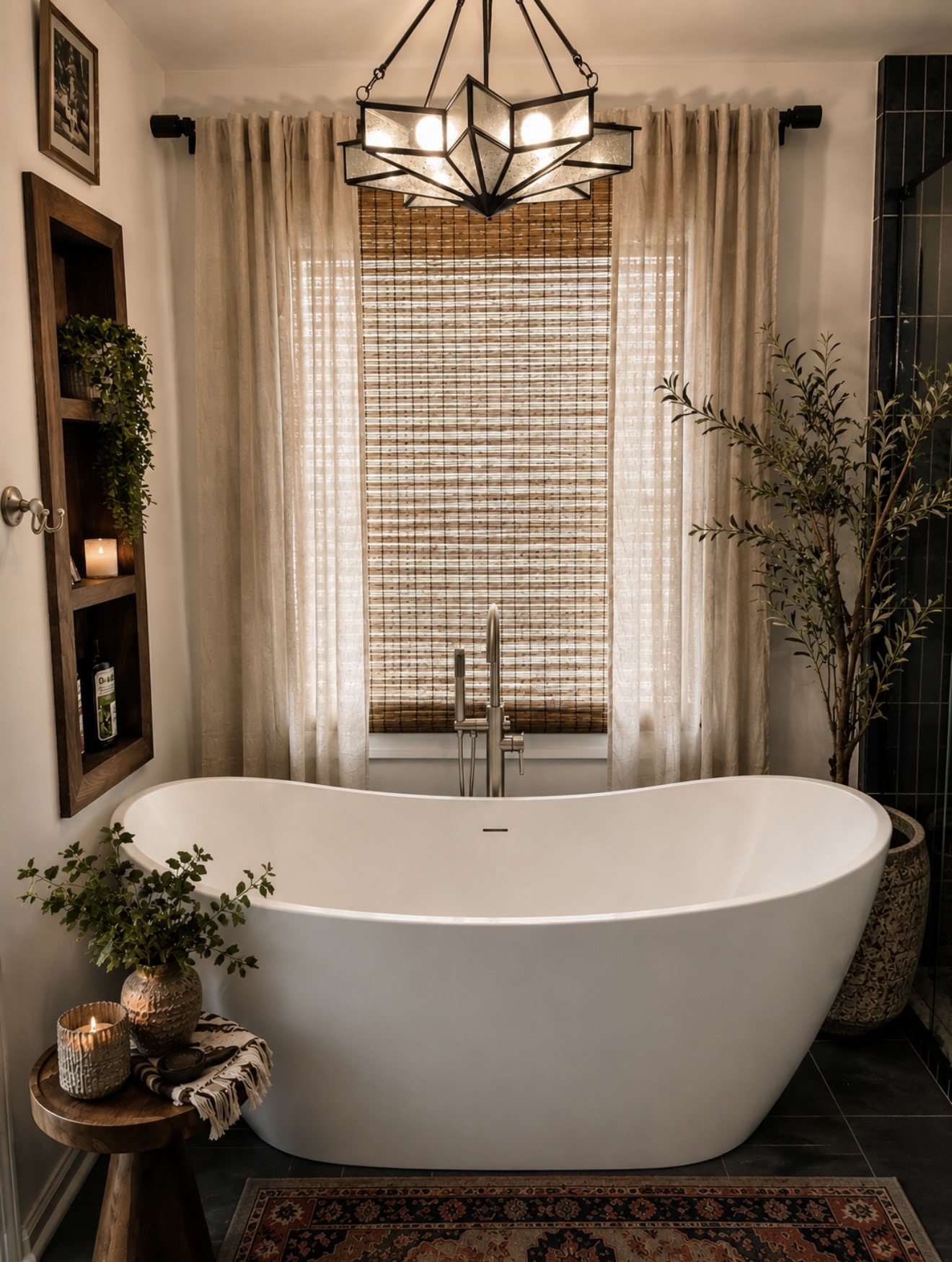 Freestanding tub in a curtained alcove