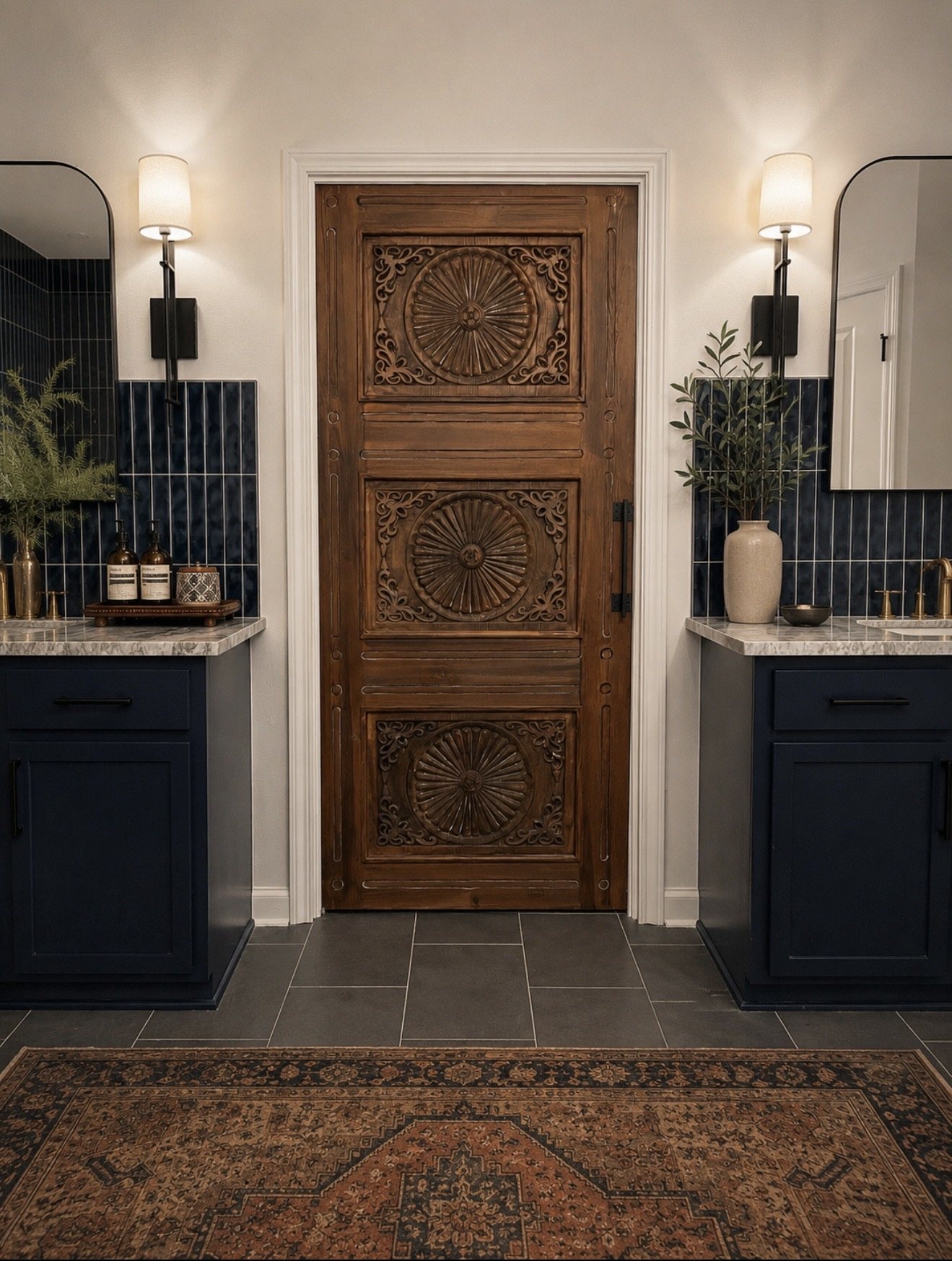 Navy vanity with carved wood door