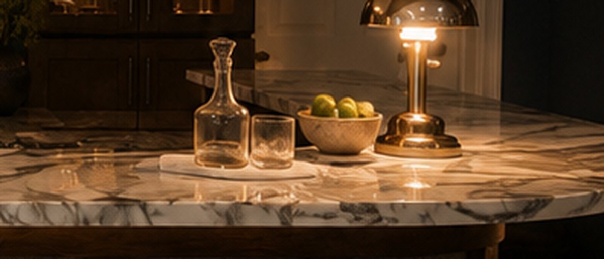 Marble bar top with a decanter and antique brass dome lamp