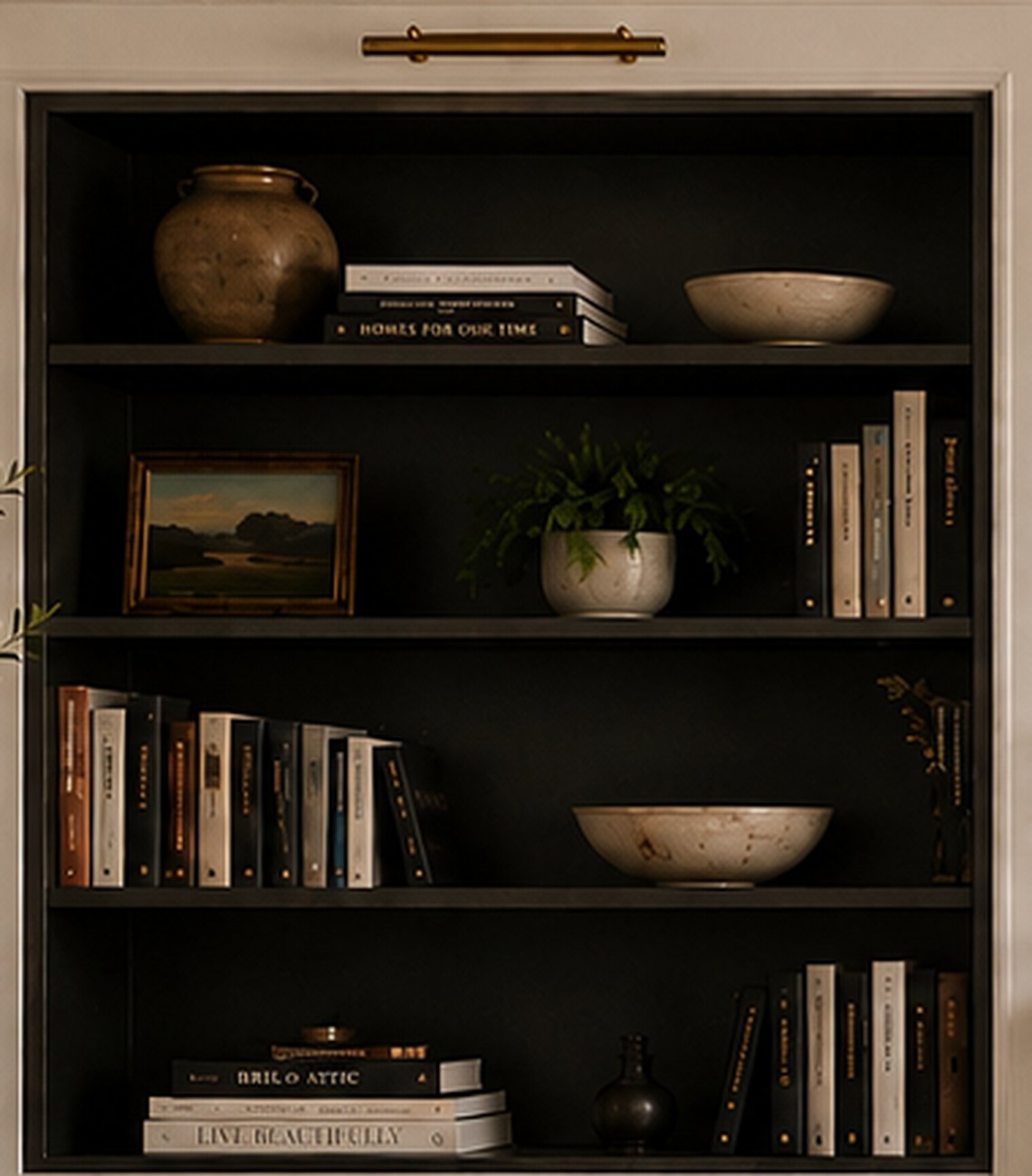 Black bookcase with brass picture light and ceramic vessels