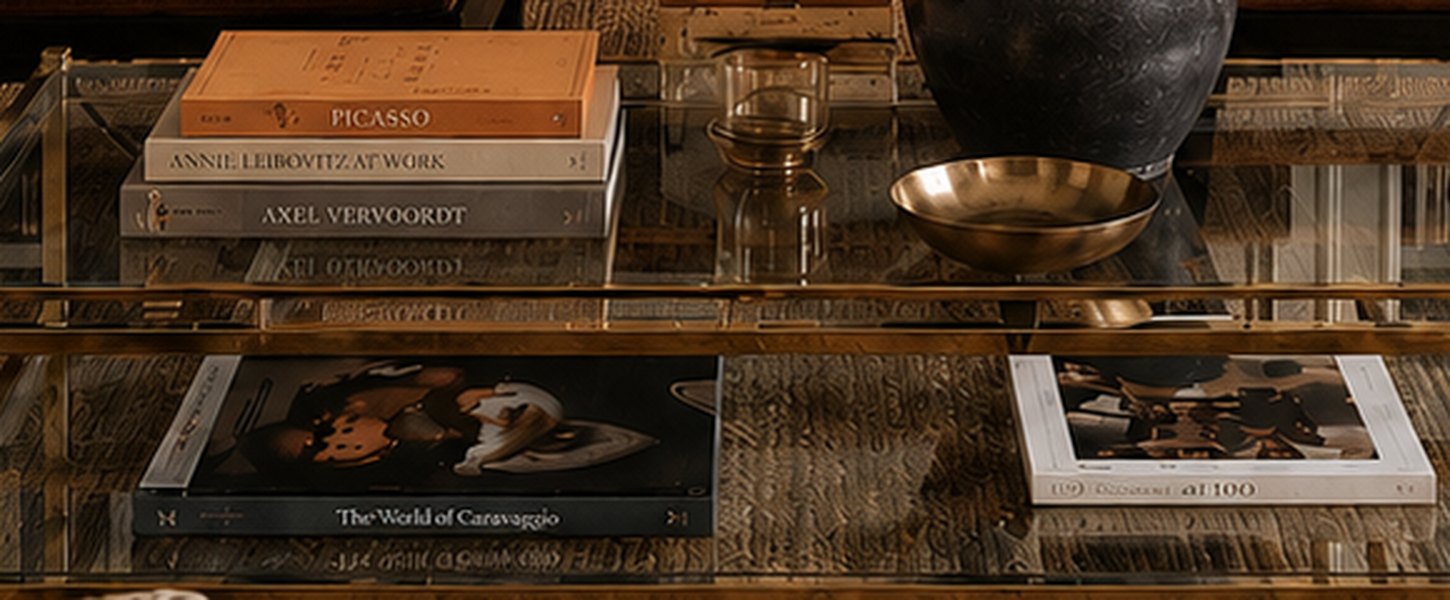 Stacked art books on a brass and glass table