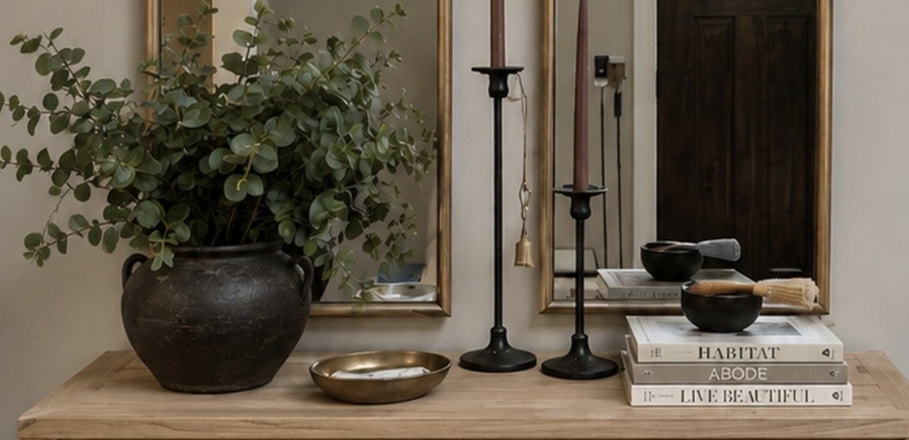 Console vignette with a black vessel, brass dish and tapers