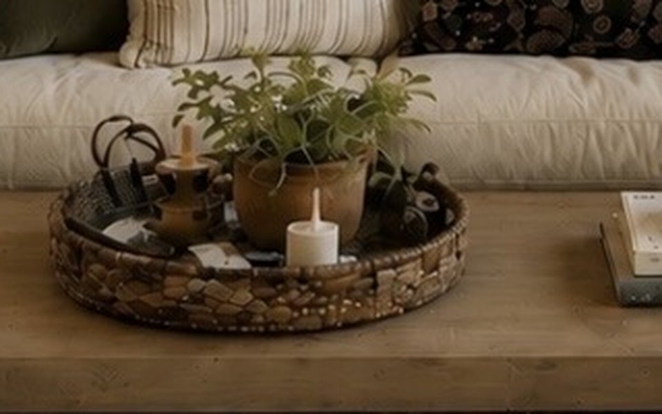 Tray of vessels and a taper candle on an oak coffee table