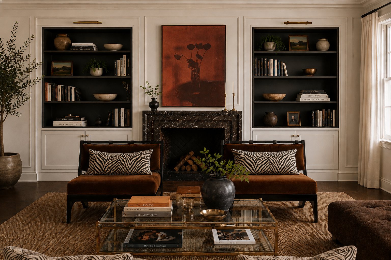 Panelled library with black bookcases, marble mantel and velvet seating