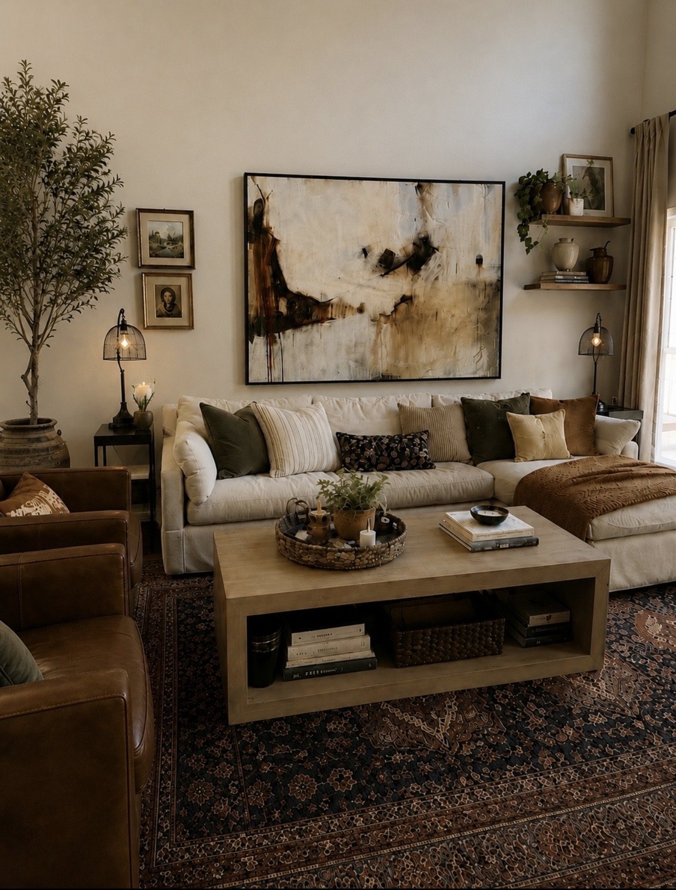 Living room from the hearth, olive tree and shelving
