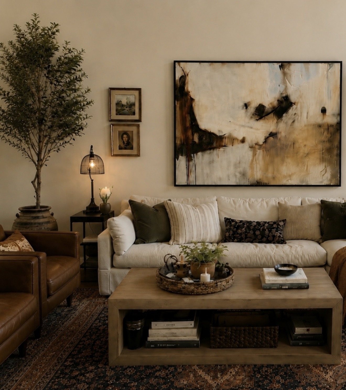 Living room corner with olive tree and layered textiles