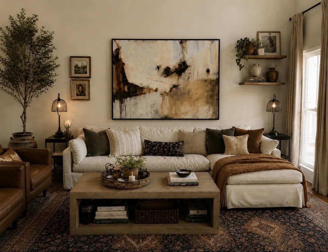 Living room with linen sectional and original abstract painting