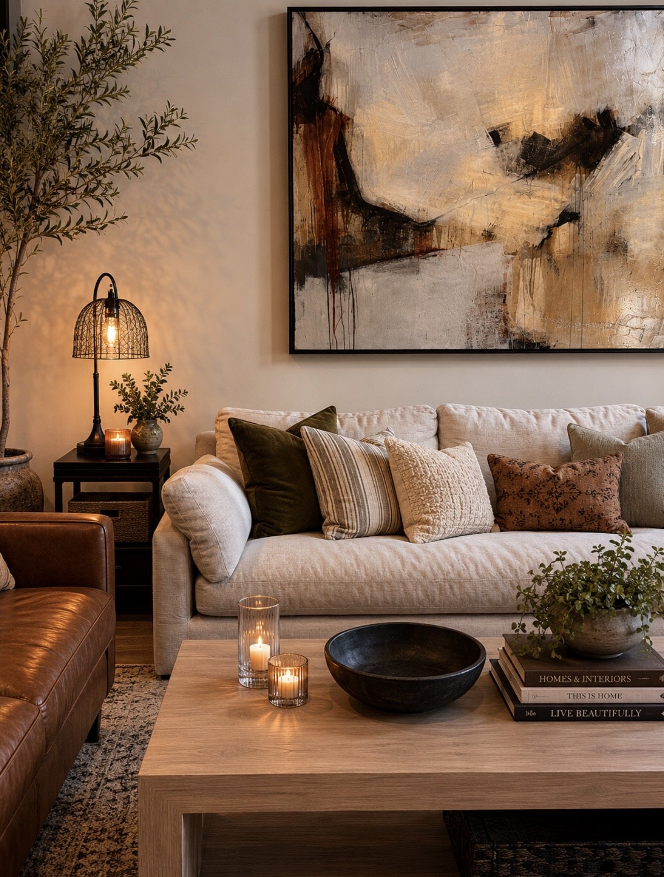 Living room seating with leather chair and layered textiles